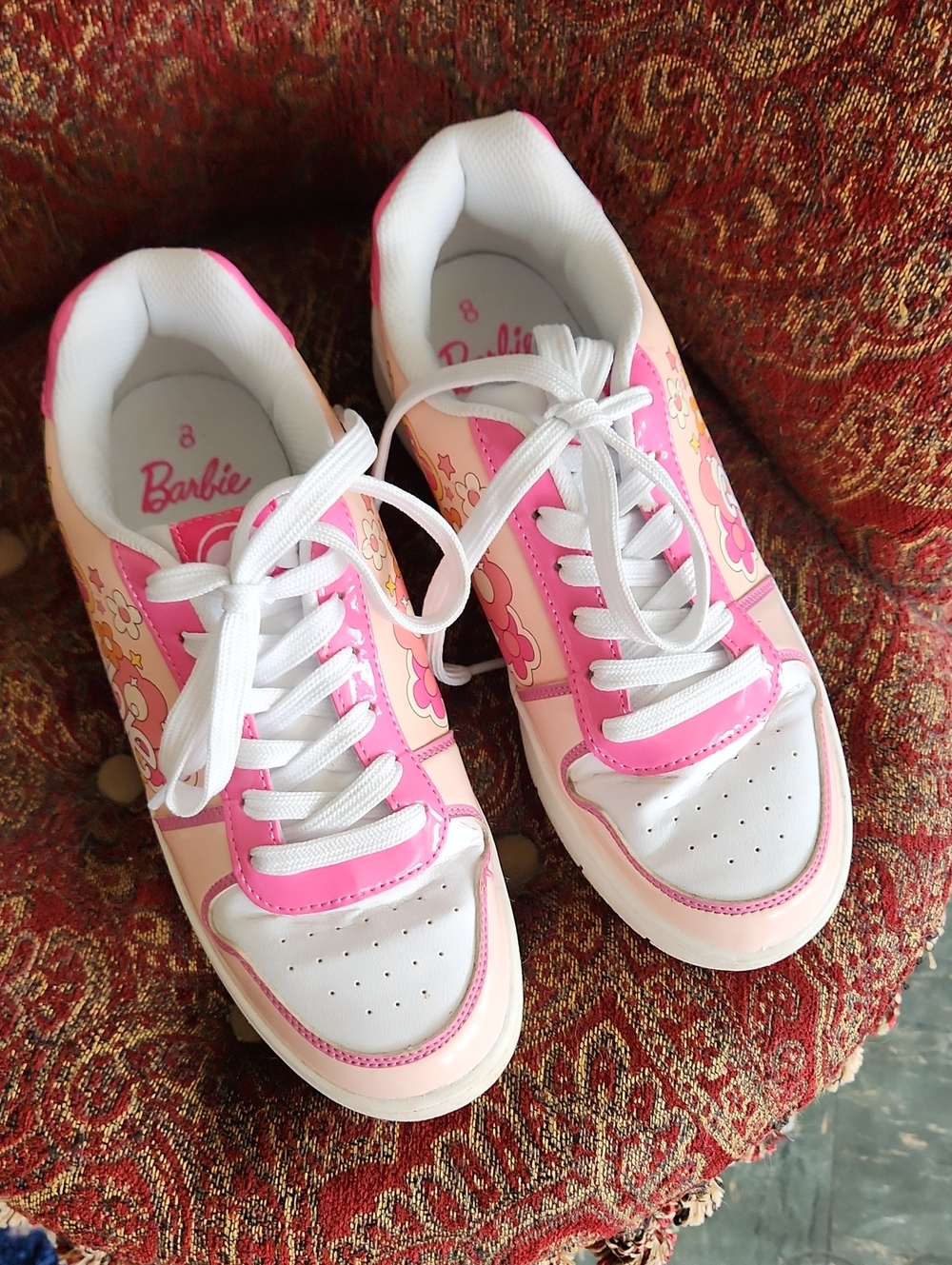 Barbie Pink and White Floral Lace-Up Sneakers